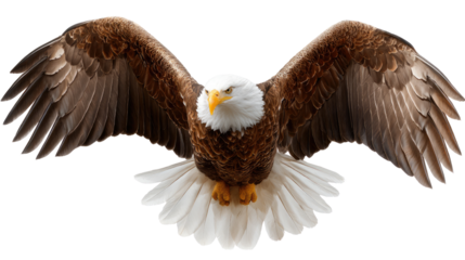 Majestic Eagle in Flight: A striking bald eagle, its wings fully outstretched, embodies power and freedom against a pristine backdrop. A captivating visual of the bird in all its glory.
