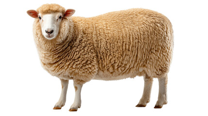 Fototapeta premium Sheep's Gentle Presence: A close-up shot of a domestic sheep stands proudly, its thick wool coat a testament to nature's design. The eye contact is friendly.