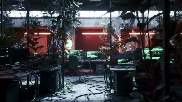 Abandoned server room overgrown with plants