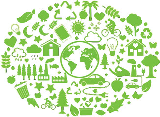 Sustainable living icons create a green planet, symbolizing eco-friendly choices and a brighter future for generations to come in a harmonious design