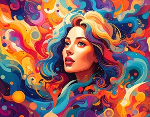 Colorful portrait of a woman with vibrant hair and a dreamy expression