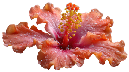 Hibiscus Bloom: A vibrant, wet hibiscus flower, showcases intricate petals and a delicate core. Witness the stunning artistry of nature in full bloom.