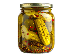 Glass jar filled with pickled cucumbers and spices (1)