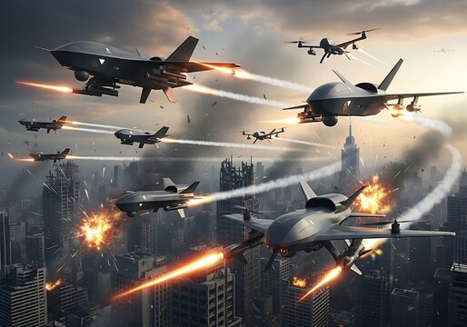 Aerial urban warfare featuring futuristic drones and explosions over cityscape