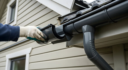 Gutter Worker Installing or Repairing Rain Gutter System on a House. Home Maintenance and Roof Drainage Installation.