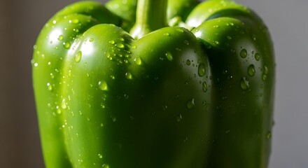 Close-up view of a vibrant green bell pepper, glistening with water droplets, showcasing its smooth texture and fresh appearance.