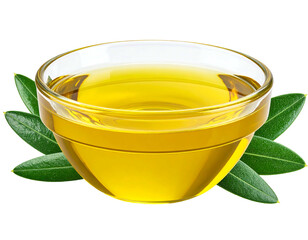 Clear glass bowl filled with golden olive oil, surrounded by olive leaves