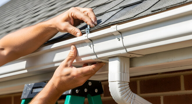 Skilled Gutter Worker Installing New Rain Gutter System on a Residential House Roof During Home Renovation and Maintenance