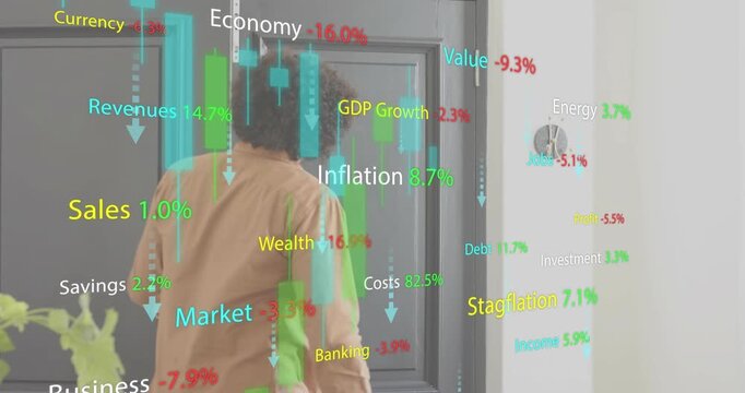 Animated financial data appearing on door motivating visitor entering and greeting host and father - Powered by Adobe