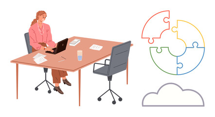 Professional woman using laptop at desk surrounded by papers, coffee cup, colorful circular puzzle chart, and cloud shape. Ideal for teamwork, strategy, problem-solving, innovation, brainstorming