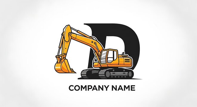 A bold, stylized excavator  design incorporated within the letter "D".