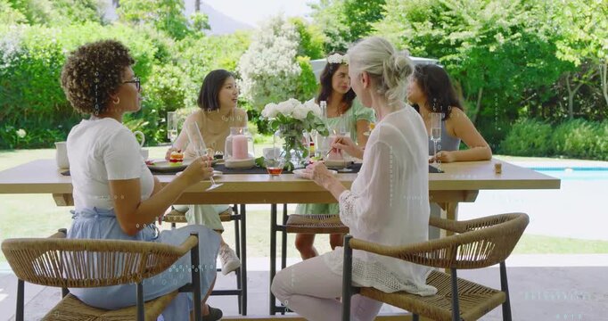 Five friends around table raising glass sparking bubbles highlighting snacks for food marketing