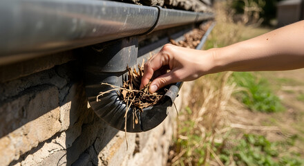 Gutter Worker's Hand Cleaning Dry Leaves and Debris from a Clogged Rain Gutter System on a House Exterior During Home Maintenance