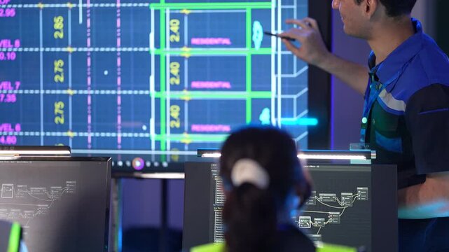 An architect or urban planner presents a digital blueprint for a new residential development, using CAD or BIM software on a large interactive screen to review zoning and floor plans.