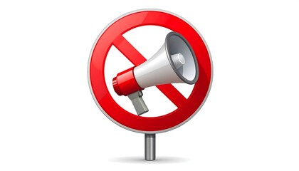 Prohibiting sound. A red circular sign with a prohibited symbol. A megaphone in the middle of the sign