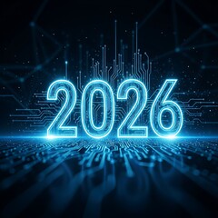 The year 2026 is depicted as glowing numbers on a circuit board design, generating a futuristic and technological aesthetic.