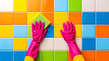 Hands in pink gloves cleaning colorful tiles with sponge for hygiene