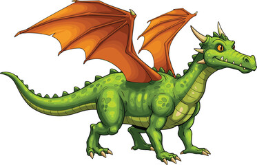 Obraz premium Illustration of a cute green dragon with orange wings and horns, a fantasy character perfect for children's books or games.