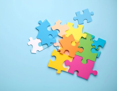 Colorful puzzle pieces scattered on a light blue background - Powered by Adobe