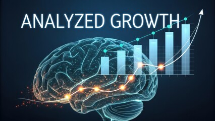 Visualization of brain activity depicting analyzed growth trends with graphs showcasing data and upward progress in digital style