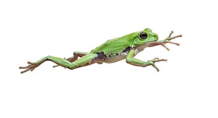鮮やか緑色カエル 滑らかに跳躍準備 白い背景 自然光輝く. AI Generated