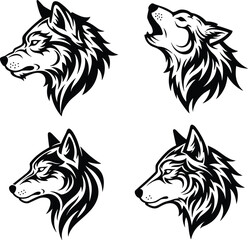Set of four stylized howling wolf head illustrations in a black and white hand-drawn style, perfect for logo designs and apparel.