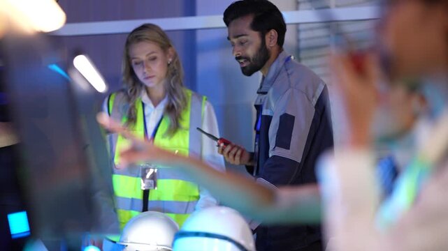 A diverse team of engineers in safety vests works together in a modern factory. The man explains the machine's controls on a screen to his female colleague.
