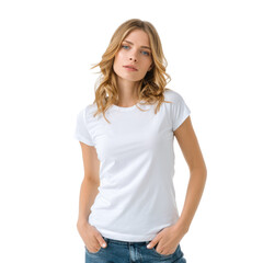 Fototapeta premium A blonde woman with blue eyes wearing a white t-shirt and jeans, posing against a transparent background. background removed