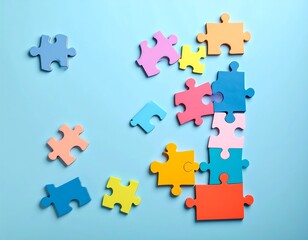 Colorful puzzle pieces scattered on a light blue surface (1)