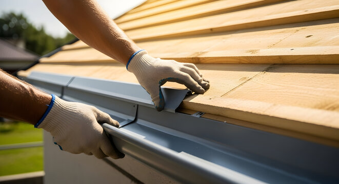 Close-up of a Gutter Worker installing a new rain gutter system on a residential house roof, highlighting home improvement and maintenance.