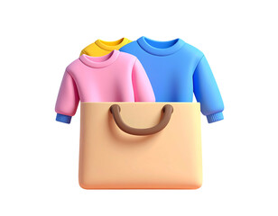 Three colorful sweatshirts nestled in a beige shopping bag