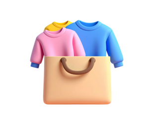 Three colorful sweatshirts nestled in a beige shopping bag