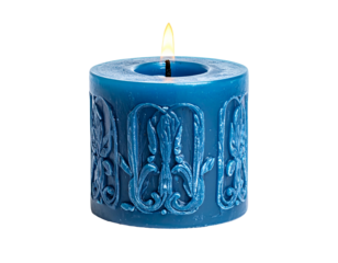 Deep blue cylindrical candle with embossed floral design