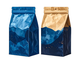 Two standing, textured, zippered pouches, one blue, one beige