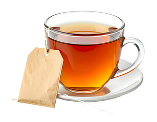 Clear glass teacup filled with amber-colored tea, a brown paper tea bag tag attached