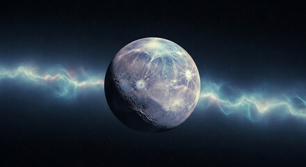 A digitally rendered planet with a textured surface is surrounded by a bright, electric blue, wavy energy field against a dark background.