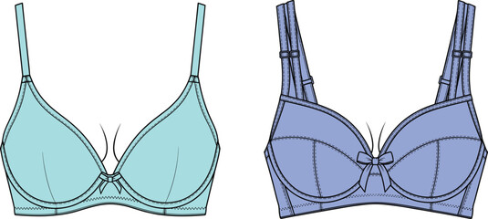 two women's padded and underwire bras in different colors, essential intimate apparel templates for fashion designers. © Its Marjia's World