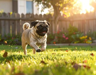Pug puppy running in a sunny backyard