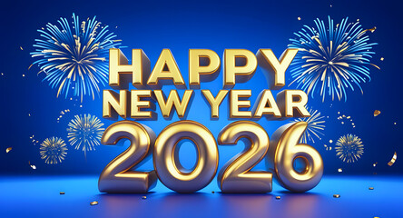 Happy New Year 2026 — Golden 3D Text With Fireworks Celebration Visual Bright Blue Backdrop Festive

