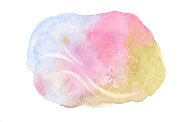 水彩・青とピンクと緑色の滲みに花と風