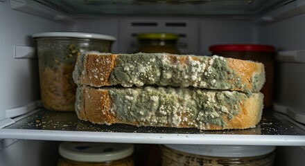 Moldy bread sits forgotten in fridge, a symbol of neglect and spoiled food waste
