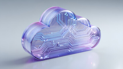 3D glass style purple blue cloud icon with circuit lines, representing cloud computing, storage, and networking Stock Illustration