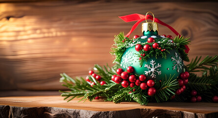 Green Christmas Ornament With Red Berries And Snowflake Design On Rustic Wooden Table

