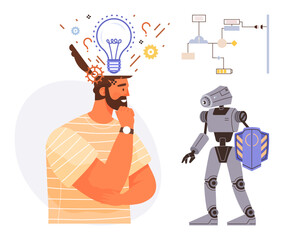 Thoughtful man surrounded by lightbulb, gears, and symbols representing ideas. Robot holding shield and flowchart depicts tech, innovation, and AI. Ideal for innovation, creativity, AI robotics