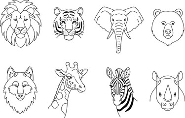 Vector Set of Wild Animal Head Portraits with Black Outline for T-shirt Print, Logo, and Mascot Design Isolated on White.