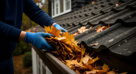 Gutter Worker Clearing Autumn Leaves from Residential Roof Gutter During Fall Maintenance