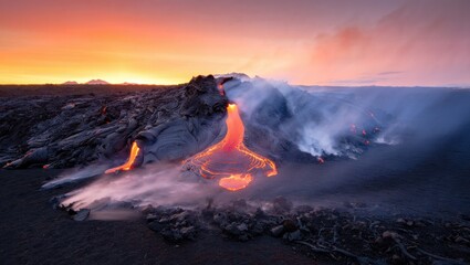 Fototapeta premium Fiery lava flow on volcanic landscape at sunset, ideal for nature documentaries, travel blogs, or geological displays