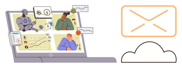 Laptop displaying virtual meeting with graphs, chat icons, and AI-assisted tools for remote teamwork. Email and cloud represent digital communication. Ideal for teamwork, cloud computing, AI