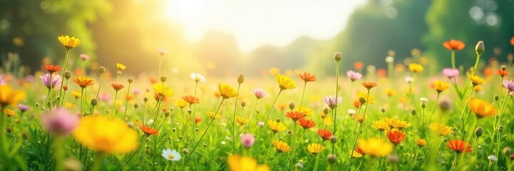 Fototapeta premium A tranquil scene of a sun-drenched field of wildflowers gently swaying in the breeze, representing the restorative power of nature and the calm energy it provides , environment, sunlight