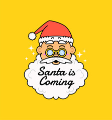 Cute santa claus face with christmas hat and beard in cartoon style